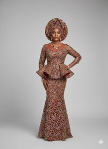 Robe en tissu de dentelle filet luxueuse et tendance de style Aso Ebi bleu traditionnel, avec broderie informatique, polyester/coton antistatique - Product Image 3