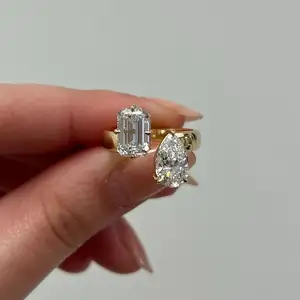 Anel de noivado de duas pedras com diamante de corte de pêra e esmeralda, anel de casamento Ctw 3.00 Toi Et Moi, ouro 14K, presente de aniversário