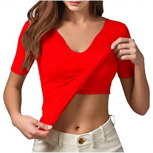 T-shirt court pour femme, col en V profond, manches courtes, couleur unie, en Spandex/Nylon, écologique, respirant, séchage rapide, anti-transpiration, coupe classique - Product Image 3