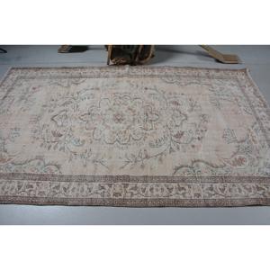 Vintage Rug, 5.2x8.5 ft Turkish Rug, <b>Brown</b> White Moroccan <b>Wool</b> Rug - Product Image 3