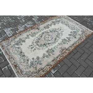 Turkish Vintage Rug, Accent 3.7x6.46 ft (114x197 cm) Rug, <b>Brown</b> Check <b>Wool</b> Rug - Product Image 2