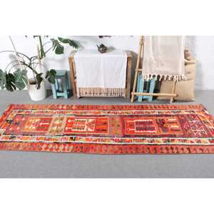 Turkish Kilim Rug 2.9x8.7 ft, <b>Red</b> Orange Check <b>Wool</b> Vintage Rug - Product Image 3