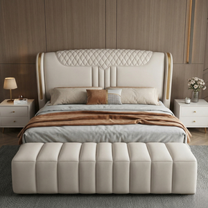 Cadre de lit king-size minimaliste italien de luxe, revêtement en cuir Nappa mat, lit à profil bas, mobilier de chambre principale - Product Image 2