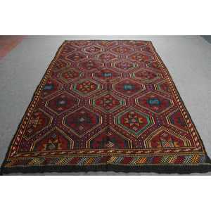 พรมวินเทจตุรกี ขนาด 5.7x9.2 ฟุต (173x280 ซม.) พรมคิลิมสีแดงน้ำเงินล้วน - Product Image 1