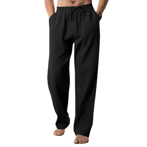 Ropa de verano Pantalones de lino casuales para hombres y pantalones de lino de patrón sólido recto de cintura elástica transpirable de color sólido - Product Image 3