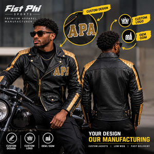 Veste en cuir pour homme brodée sur mesure APA Fraternity, noire et or, OEM ODM. - Product Image 1
