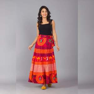 Ethnic Print Red Orange Maxi Skirt Comfortable Breathable Chiffon Wrap Straight for Spring Summer Fall New Arrival - Product Image 1