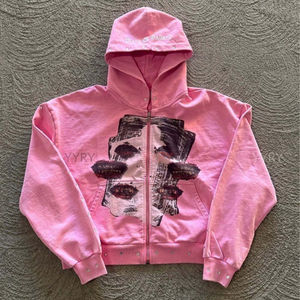 OEM Trendy Winter <b>Pink</b> Zip-Up <b>Hoodie</b> for <b>Men</b> Women Streetwear Artistic Digital Print Design Soft Cotton Fleece Oversized Casual - Product Image 3