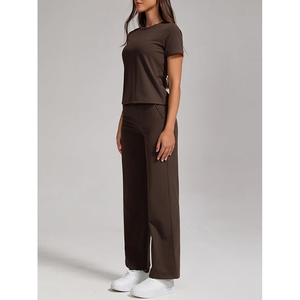 Conjunto de 2 piezas de mezcla de algodón Terry para mujer, camiseta y pantalón informales cómodos y holgados para Primavera/Verano - Product Image 4