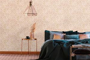 Papel Tapiz Floral Hecho en Alemania, Rollos Beige Dorado, Estructura Textil de Vinilo No Tejido, Lavable, Resistente a la Abrasión, Ligero, para Sala de Estar - Product Image 4