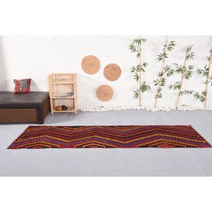 พรมสไตล์ตุรกีโบราณสไตล์ชนเผ่าเย็บปะสีแดงพื้นที่ขนาดใหญ่2.7 x 9.3ft ผ้าขนสัตว์สี่เหลี่ยมมุมฉากน้ำยางขนาด10มม. สำหรับตกแต่งห้องโถง - Product Image 1