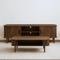 Stan TV mewah Modern, dengan pintu geser, kaki kayu Solid dan rak terbuka untuk ruang tamu, meja konsol TV
