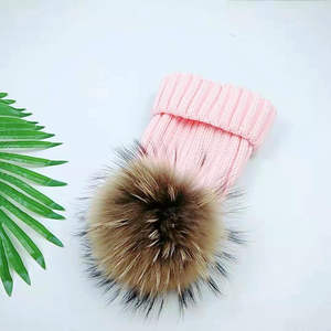 Chapeau en fourrure pompon coloré pour filles, tricoté à la main avec une vraie boule de fourrure, mode hiver - Product Image 1