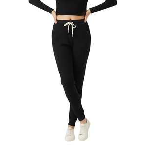 Pantalon de jogging en tricot côtelé d'hiver avec taille élastique, cordon de serrage, devant plat, confortable, extensible, streetwear pour femmes, vêtements de détente - Product Image 1