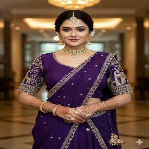 ชุดส่าหรีสำเร็จรูปสำหรับผู้หญิง ผ้าแฟนซีเนื้อครัช สีเดียวกับผ้าคลุมไหล่ งานปักสี่ด้าน - Product Image 1