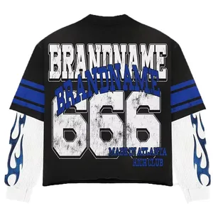 เสื้อยืดลำลองแขนสองชั้นสำหรับผู้ชายเสื้อยืดผ้าฝ้าย100% แขนยาวโอเวอร์ไซส์งาน OEM แบบกำหนดเอง - Product Image 6