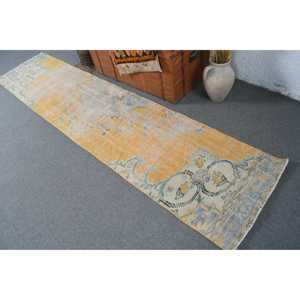 Tapis de couloir vintage 2,2x9,6 pieds, motif plantes et arbres jaunes, tapis en laine turque - Product Image 4