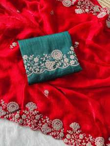 La ropa de fiesta de mujer elegante más atractiva del diseñador indio, Sari, hermoso diseño bordado, tela de seda espacial, estilo tradicional - Product Image 3