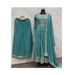 新设计师派对服装外观丝绸刺绣工作礼服杜帕塔印度民族服装婚纱奈拉切割长库尔蒂