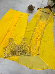 Conjunto de Lehenga de 3 Piezas de Georgette Premium Unity Luxure con Top Corto Bordado y Chaqueta con Volantes - Product Image 5