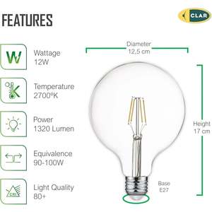 E27 12W G125 LED Filament <b>Bulb</b> Energy Efficient Lighting Solution - Product Image 3