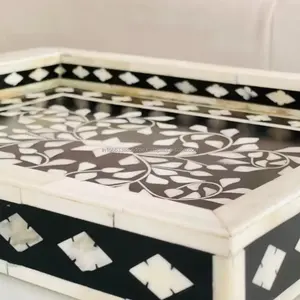 Plateau de service en incrustation d'os blanc floral fabriqué à la main inspiré du design indien de Marrakech pour la décoration intérieure et l'utilisation d'hôtel pour le stockage - Product Image 6