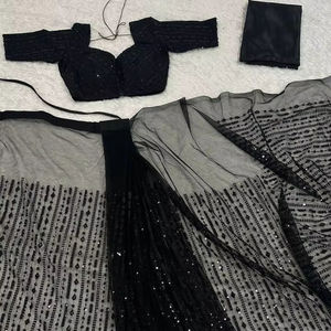 Sari non cousu en tissu georgette monochrome noir, broderie, dernière collection exclusive, tenue ethnique de mariée, tenue de fête, mariages, look époustouflant - Product Image 3