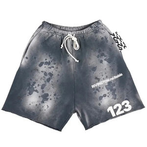 <b>Men's</b> Custom LOGO Distressed Embroidery Cotton <b>Sweat</b> <b>Shorts</b> Sun Faded Cut Edge Acid Wash Quick Dry Breathable Casual Print Style - Product Image 2