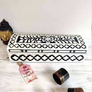 Handcrafted Black and White <b>Wooden</b> <b>Storage</b> Box Elegant Home Decor with Intricate Floral Inlay Design - Product Image 1