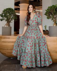 Indien main bloc coton robe écologique imprimé fleuri tenue de fête d'été pour les femmes Style Boho cadeau personnalisé naturel - Product Image 2