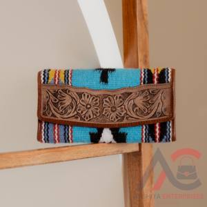 Manta de sillín turquesa Tooled Trifold Wallet Western Genuine Leather Double Snap Closure Wallet Floral Leather Aztec Clutch - Product Image 2
