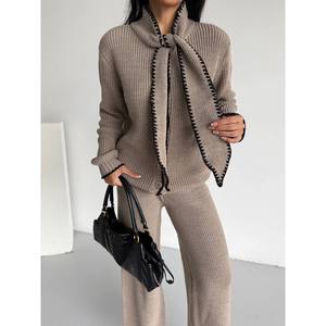 Mybeefashion Women's Elegant Shawl Collar Knit Cardigan and Wide Leg <b>Pants</b> Two-Piece Set - Warm <b>Wool</b> Blend Mink Loungewear - Product Image 3
