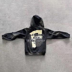 Acid Wash Sun Faded Distressed Vintage Applique Embroidered Hoodie and Sweat <b>Shorts</b> Custom <b>Zip</b> up Hoodie <b>Shorts</b> Set for Men - Product Image 3