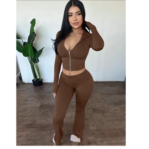 ชุดเสื้อสเวตเตอร์สองชิ้นมีซิปสำหรับเด็กผู้หญิงกางเกงขากว้างแขนยาวเสื้อครอปบอดี้สูทยืดได้ - Product Image 3