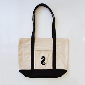 Sac de plage brodé SeaHorse en toile de coton couleur unie avec fermeture éclair et doublure en polyester - Product Image 1