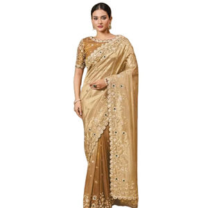 Dernier modèle de sari en satin de soie élégant avec un chemisier en satin malai et des sequins et des motifs de perles - Product Image 1