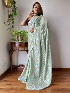 Sari en soie d'organza lourd de créateur traditionnel brodé pour festival de mariage indien pakistanais modèle fantaisie pour adultes mode - Product Image 4