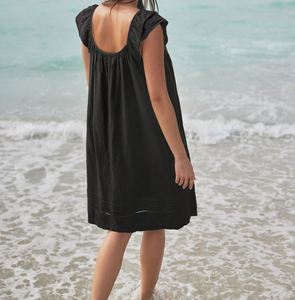Black Mid-Calf A-Line <b>Dress</b> with V-Neck Collar Sleeveless Design in <b>Floaty</b> Linen/Cotton Fabric Eco-Friendly Casual Summer Outfit - Product Image 2