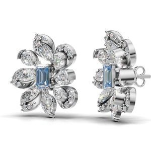 Boucles d'oreilles florales de luxe en or 18 carats avec diamants bleus de laboratoire et accents de diamants blancs, bijoux fins - Product Image 2