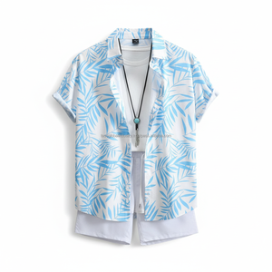 ชุดเซ็ตพิมพ์ลายดอกไม้สำหรับผู้ชายแบบ OEM - เสื้อแขนสั้นลายใบไม้สีน้ำเงินและกางเกงขาสั้นสีขาว ชุดฤดูร้อน 2 ชิ้น - Product Image 3