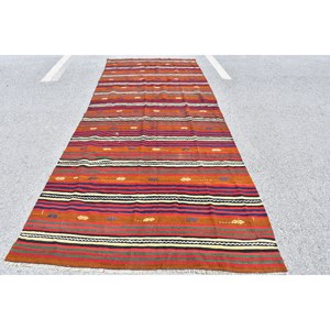 Vintage Turkish Red Kilim <b>Rug</b> 5'1 X 13'2 ft Boho Style Patchwork Wool Jute <b>Rug</b> for Living Room or <b>Bedroom</b> with Latex Backing - Product Image 1