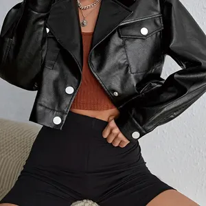 Veste en cuir PU de haute qualité pour femmes Long hiver ceinturé printemps automne Style poche décorative Faux cuir matériel respirant - Product Image 4