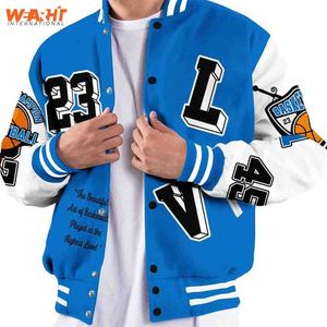 เสื้อแจ็กเก็ตเลตเตอร์แมนสำหรับผู้ชายหนังแท้ปกตั้งขนสัตว์สีขาวสีฟ้าสำหรับฤดูหนาว - Product Image 5