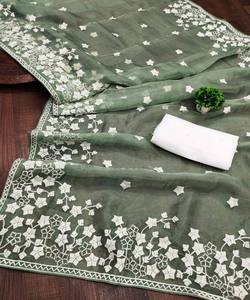 CRÉATEUR ORGANZA SOIE BRODERIE TRAVAIL SAREE AVEC BLOUSE NON COUCHÉE VÊTEMENT DE FÊTE PRIX DE GROS VÊTEMENT ETHNIQUE VERT - Product Image 2