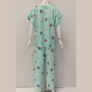 Pyjama élégant en rayonne pour l'été Vêtements de nuit à col en V avec fermeture à taille élastique Pantalon long et manches courtes pour le printemps - Product Image 4