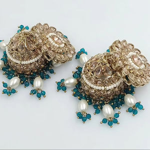 PENDIENTES JUMKHAS TRADICIONALES INDIOS Y KUNDAN CHAPADO EN ORO CON PENDIENTES DE PERLAS PARA MUJERES Y NIÑAS - Product Image 1