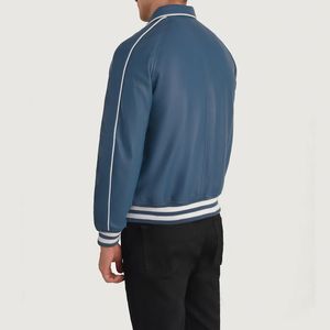 Custom Blue Leather Varsity Jacket with Stand Collar Casual Winter Style Zipper Closure and Front Logo OEM Service Available - Product Image 6