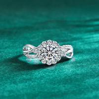 Bague Moissanite Halo Fleur 6,5 mm Couleur D Triple Excellent Cut en Argent Sterling S925, Bande Ouverte Réglable