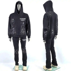 Custom Vintage Acid Wash Flare pantalones de chándal apilados y Sudadera con capucha Conjunto de 2 piezas Chándal de talla grande para hombres Diseño de salpicaduras de pintura - Product Image 3