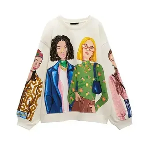 Women Sweatshirts 2024 New Fashion Beauty Girls Print Cotton Korean Casual Sweatshirts Female O Neck Hoodies Chic <b>Pullovers</b> Top - Product Image 3